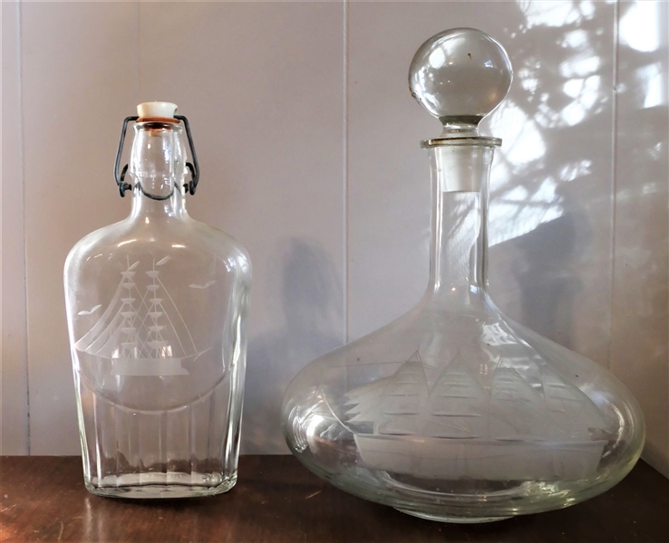 Etched Ship Decanter and Etched Ship Bottle - Decanter Measures 12" Tall