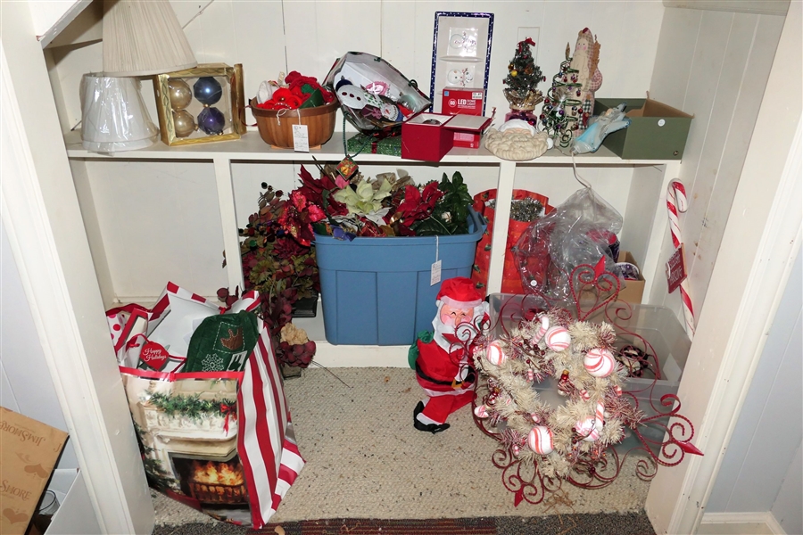 Closet Lot of Christmas Decorations, Trees, Lights, Wreath, Ornaments, and Florals