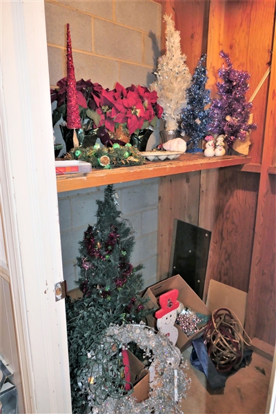 Lot of Christmas Decorations including Tinsel Trees, Lights, Wreathes, Snowman, Etc. 