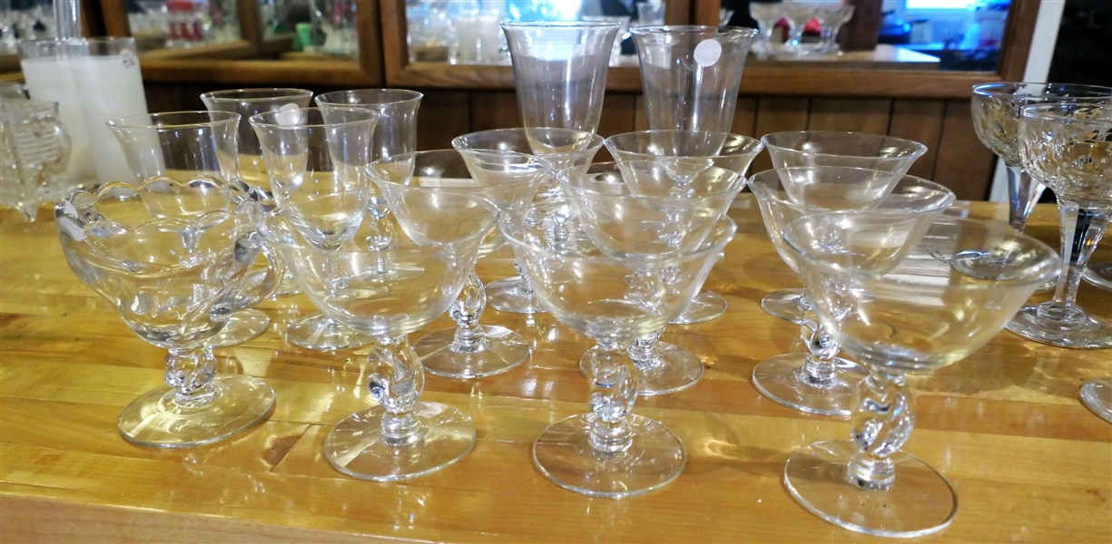 16 Elegant Glass Glasses with Twisted Stem - 9 Sherbets, 2 Iced Teas, 4 Wines, and 1 Sugar