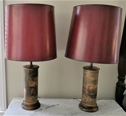 Pair of Table Lamps with Fox Hunt Scenes - Red Grain Painted Shades - Measuring 32" Overall 