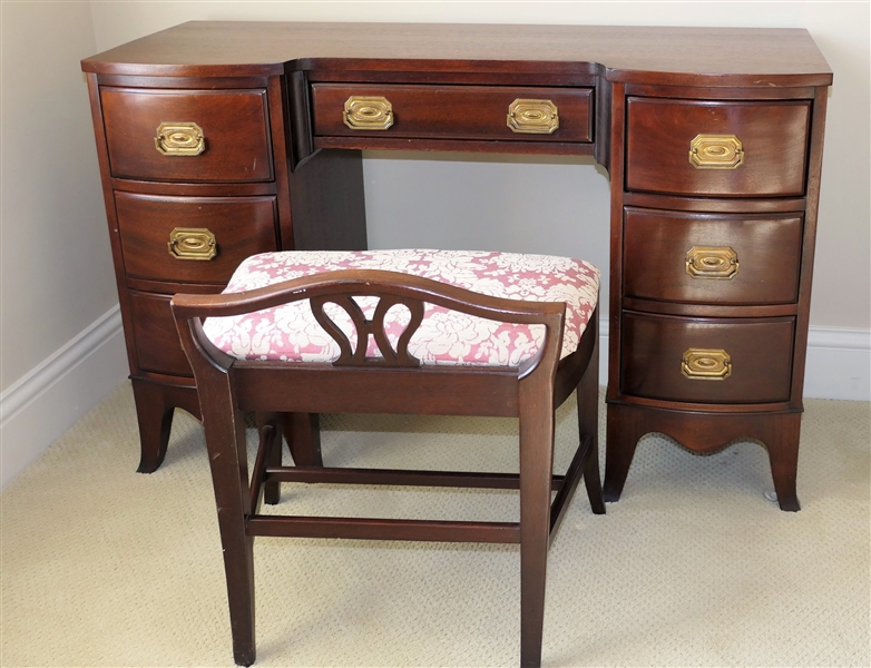 Mahogany Desk / Vanity with Dressing Bench - 7 Drawers - Center Drawer Has Attached Tray - Nice Brass Pulls -Measures 29" tall 46" by 18"