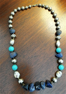 Beaded Necklace with Blue and Turquoise Stone Beads - Sterling Silver Clasp - Measures 24" Long