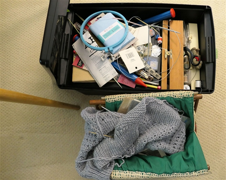 Box Lot of Sewing and Knitting Stuff,  Folding Sewing Basket, and Crochet Bag - Broken Handle
