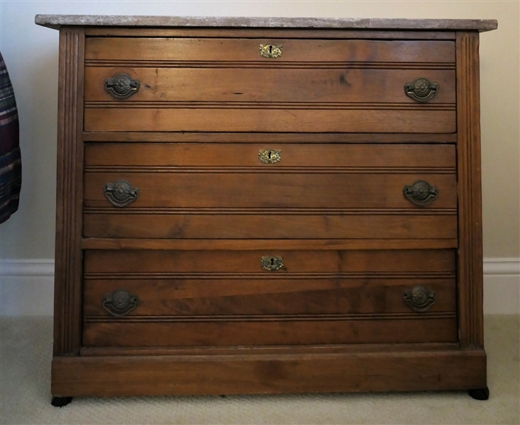Chestnut Oak Brown Marble Top 3 Drawer Chest - Dovetailed Drawers - Measures 31" tall 38" by 16 1/2"