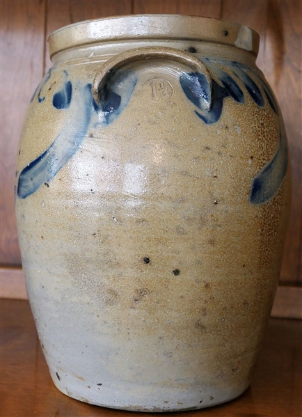 Virginia Blue and Gray 1 1/2 Gallon Crock - Incised 1 1/2 Under Handle -  2 Chips on Outer Rim - Measures 11" tall 8" Across