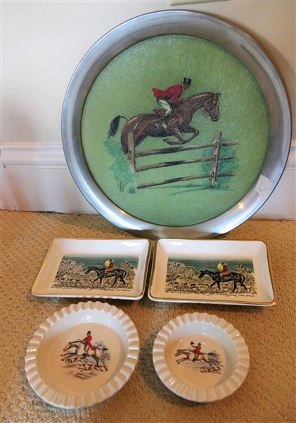 2 Paul Brown Hand Colored Fox Hunt Dishes, 2 Wats Coarmagh Fox Hunt Ash Trays, and Pewter Rimmed Tray with Jumping Scene - Rim is Bent Slightly - Measuring 14" Across