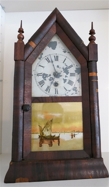 Jerome & Co New Haven, Mass - Steeple Clock - Reverse Painted Ship on Door - Paint Flaking on Face and Some Veneer Loss - Has Key and Pendulum - Measures 15 1/2" tall 