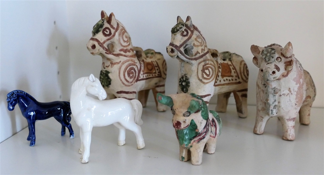 4 Handmade and Hand Painted Terracotta Pottery Animals - Donkey, Horse, Bull, and Goat and 2 Ceramic Horses - Pottery Bull Has Broken Horn - Measures 3 3/4" tall 
