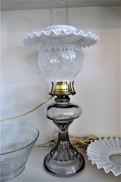 Oil Lamp with Torch and Laurel Leaf Decorated Chimney and Ruffled Shade, Etched Shade with Griffins and Other White Ruffled Glass Shade - Lamp Has Been Electrified - Not Drilled