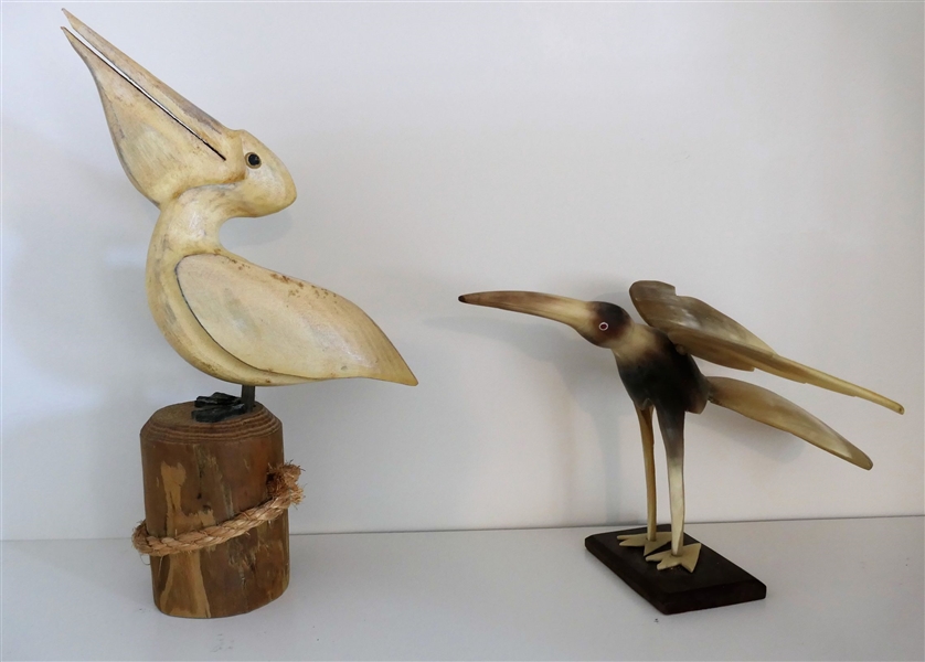 Horn Carved Bird with Wood Base and Hand Carved Wood Pelican - Pelican Measures 10 1/2" tall 