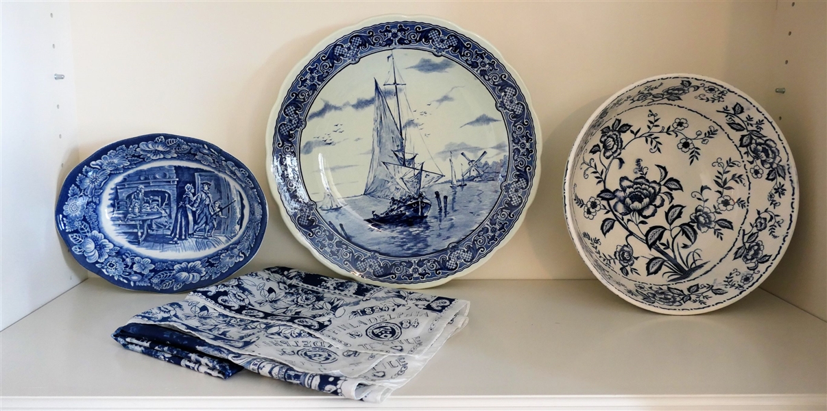 Delfts Platter by Boch Belgium - Measuring 12" Across, 10" Hand Painted Blue and White Bowl, and Liberty Blue "Minute Men" Oval Bowl NO SCARF THAT IS IN THE PICTURE
