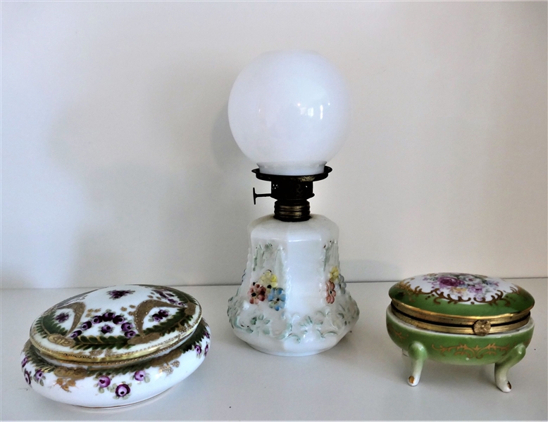 Hand Painted Nippon Dresser Jar, Norleans Japan Oval Trinket Box, and Miniature Oil Lamp with Painted Flowers - Nippon Box Measures 1 1/2" tall 4 1/2" Across