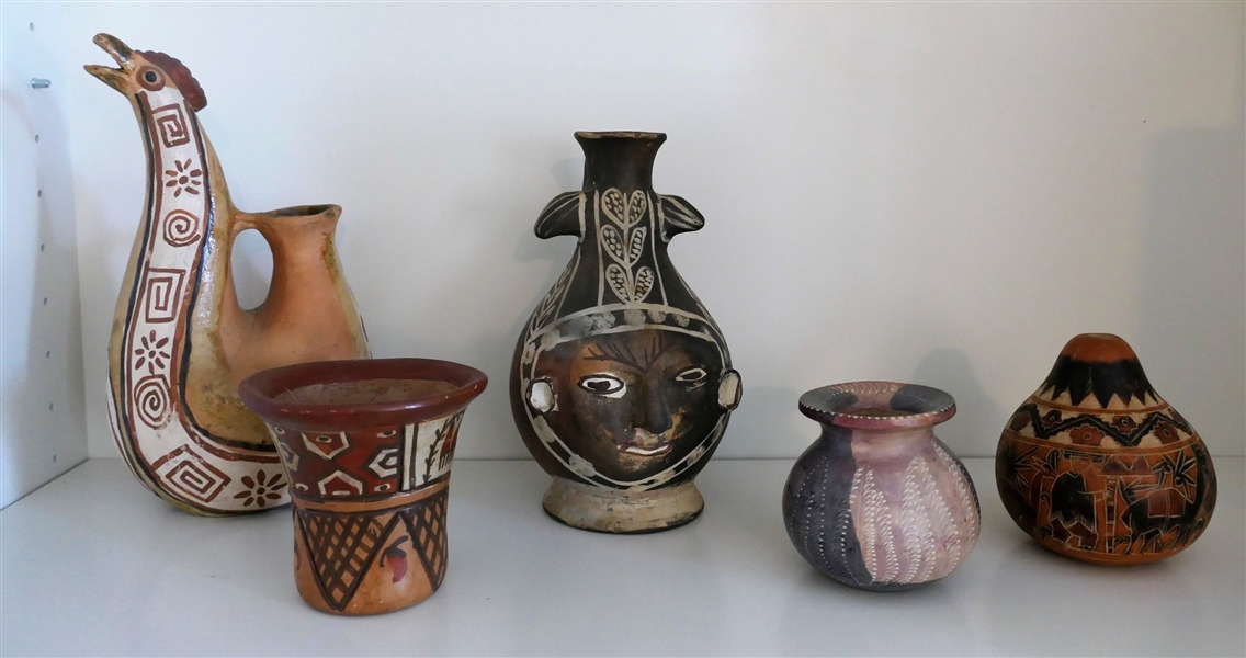 5 Pieces of Foreign Pottery, Stone Vase, and Decorated Gourd - Bird Pitcher Measures 10" tall 