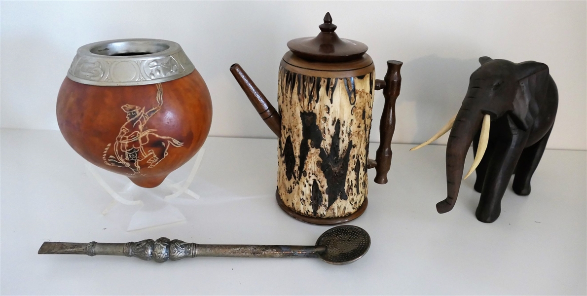 Wood Carved Elephant, Rio Brazil Wood Tea Pot, Wood Carved Piece with Bronco Horse, and Baby Feeding Spoon with Western Scene