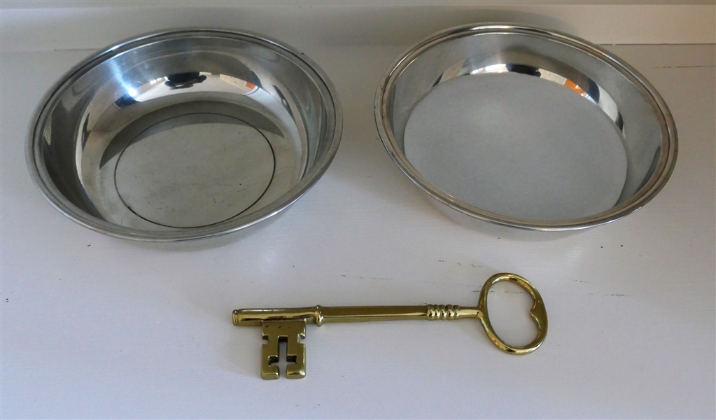 2 Williamsburg Stieff Pewter Bowls Measuring 8" Across and Virginia Metalcrafters Brass Key