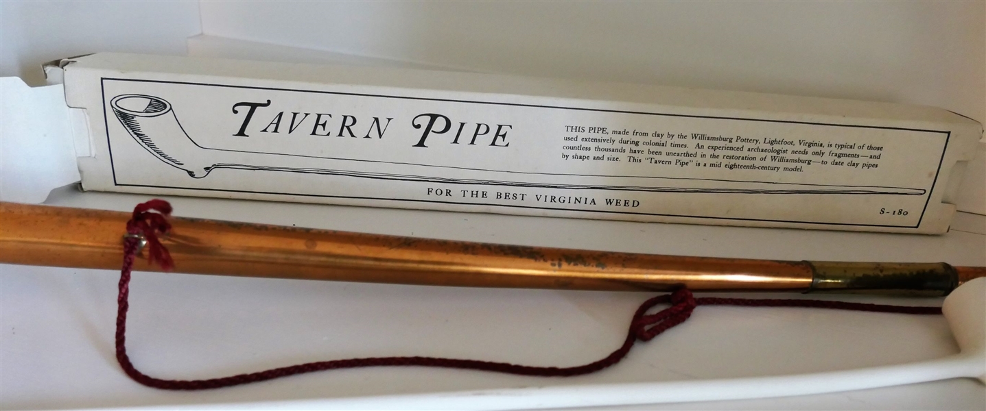 2 Tavern Pipes by Williamsburg Pottery One in Original Box and Copper and Brass Fox Horn Measuring 34" Long