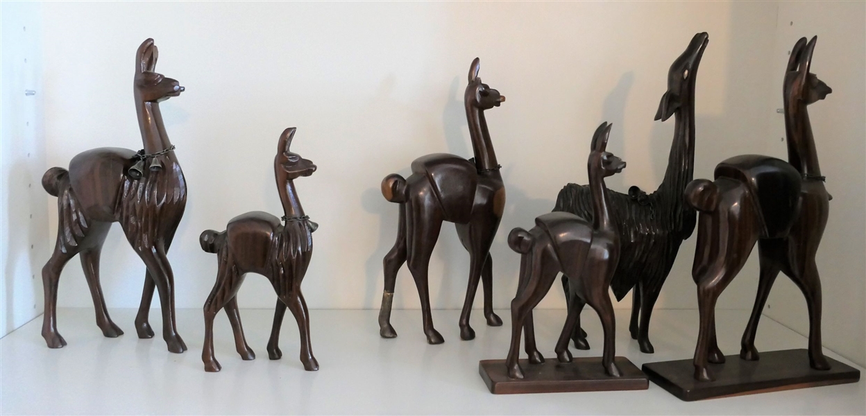 6 Wood Carved Llamas and Alpacas Tallest Measuring 12" tall - One is Missing an Ear
