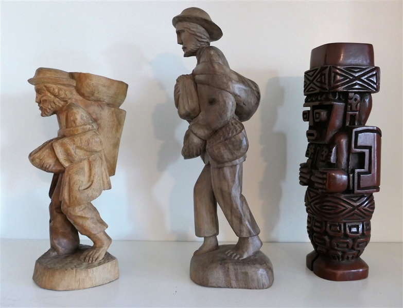 Wood Carved Peruvian Totem and 2 Olive Wood Carved Men - Tallest Man Measures 11 3/4" Tall 