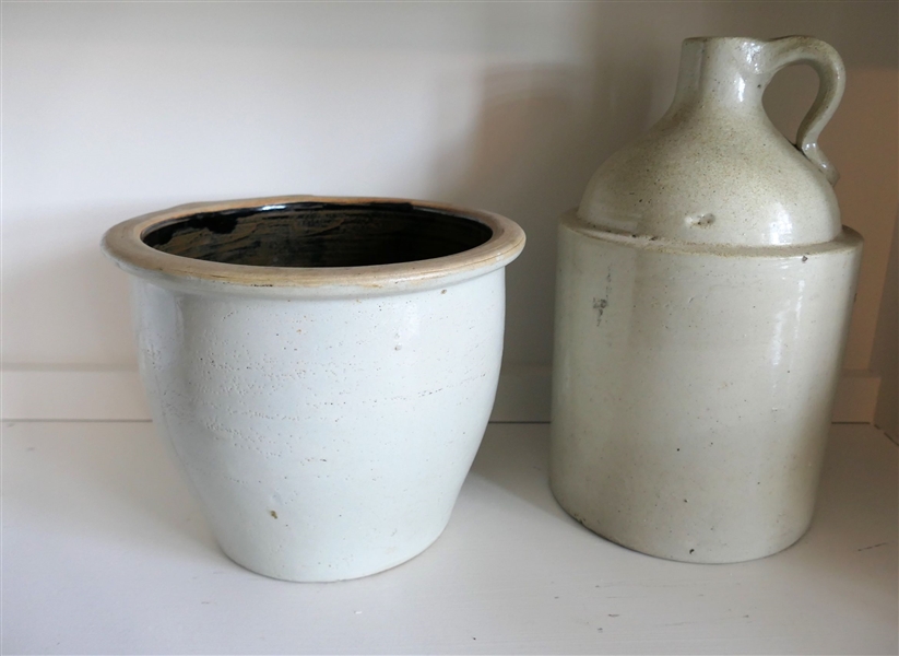 Stone Jug with AS Incised and Milk Crock Measuring 7" tall 9" Across