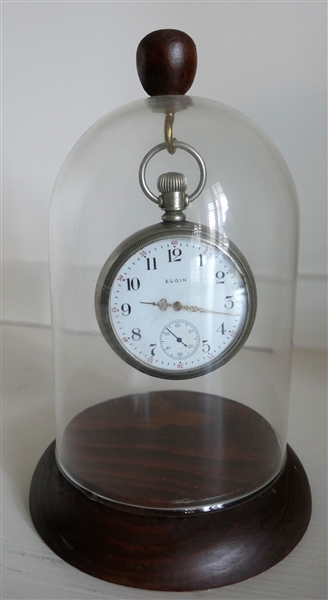 Elgin Pocket Watch with Second Register in Glass Cloche with Wood Base - Watch Measures 2" Across - Running 