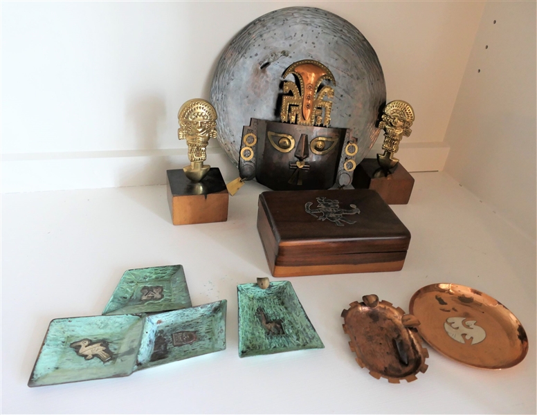 9 Pieces of Peruvian Metalware including Vichy Copper and Sterling Round Dish and 2 Small Plates, Wood Box with Figure Inlaid - Figure Needs Attaching, 2 Ash Trays, and Face Plaque - Needs Some...