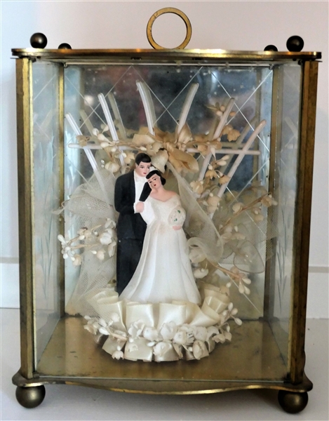 Bride and Groom Wedding Cake Topper in Brass and Glass  Display Box - Display Measures 9" tall 7" by 5"