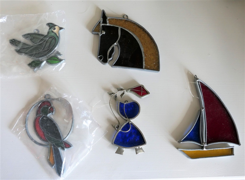 5 Leaded Glass Sun Catchers - Horse, Sailboat, and Birds - Horse Measures 6" by 4"