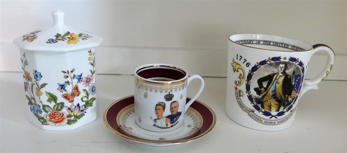Aynsley China "Cottage Garden" Mustard Jar, Aynsley Bicentennial Mug with George Washington , and Commemorative Cup and Saucer with "Principaute de Monaco