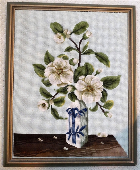 Needlework Still Life Vase of Flowers - Framed - Frame Measures 19 1/2" by 15 1/2"