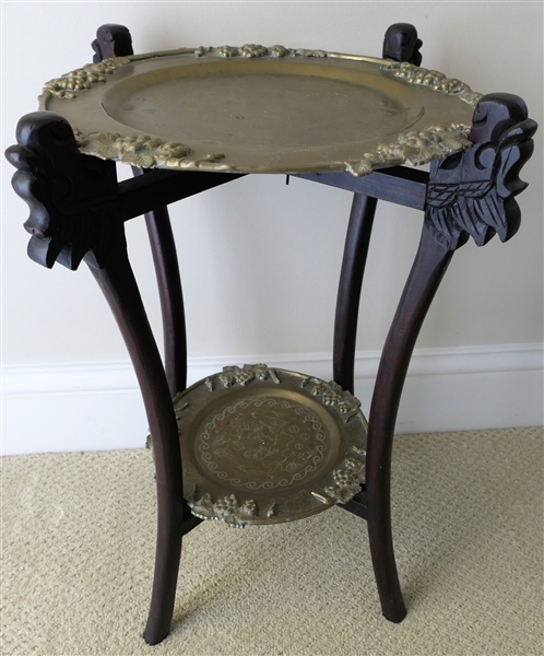 Round Wood 2 Tier Table with Hand Engraved Brass Trays with Grapes on Trim - Measures 23" tall 17" Across