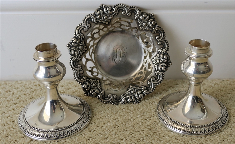 Pair of Camusso Sterling Silver 4" Candlesticks and Sterling Silver Pierced Dish - Monogrammed - P. 2866 - Measuring 5 3/4" Across