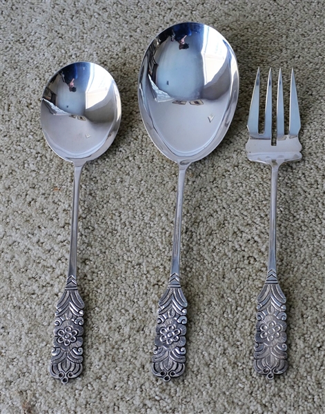 3 Large Heavy Sterling Silver Serving Pieces - Hand Engraved Decoration on Handles Largest Spoon Measures 11 1/2" Long 