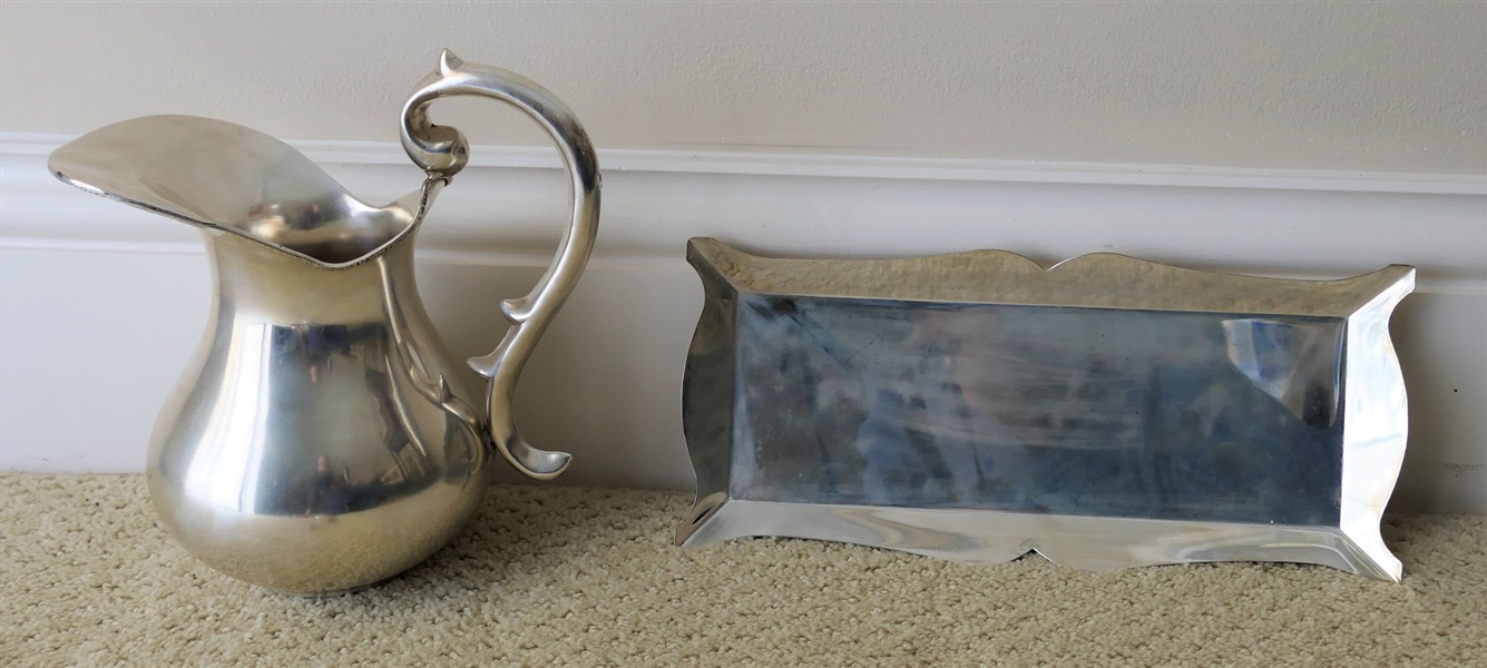 Unsigned Silver Pitcher and Tray -NOT SILVER  Pitcher Measures 8" Tall, Tray Measures 11 1/2" by 5"