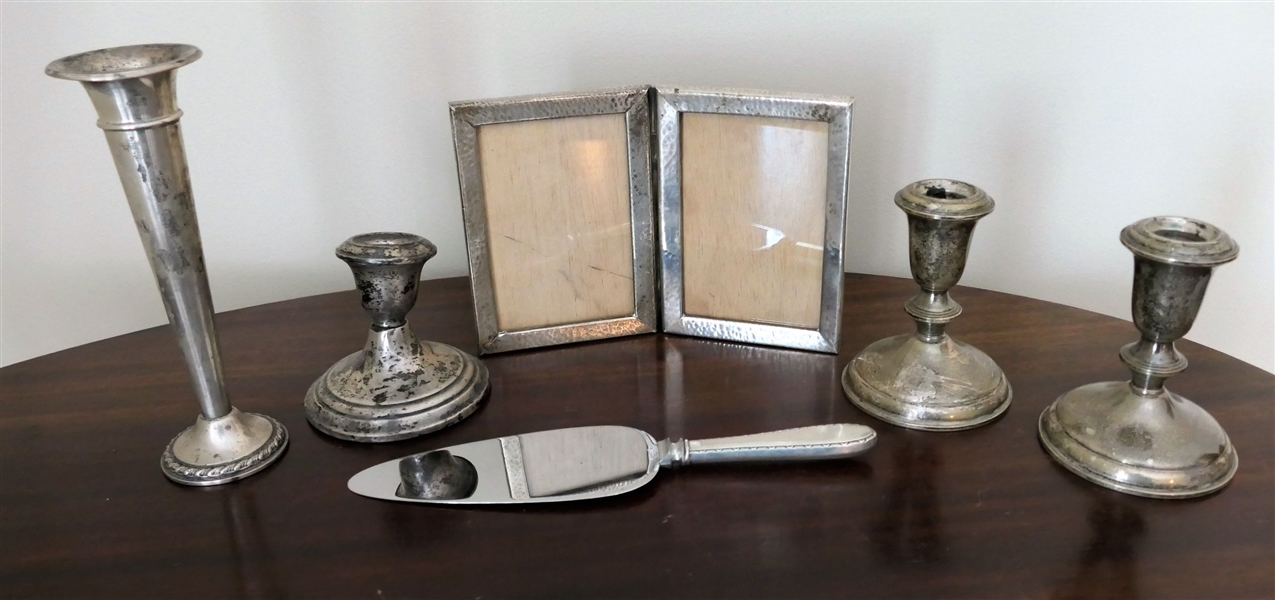 6 Pieces of Sterling Silver - 3 Weighted Sterling Candle Sticks, Matching Pair Are Towle, Rogers Sterling Weighted Bud Vase 7 1/2" Tall, Sterling Handled Pie Server, and Peru Hammered Sterling...