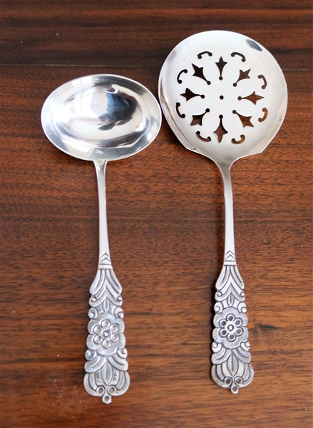 2 Sterling Silver Serving Pieces with Hand Engraved Handles - Signed RL 925 on Back - Pierced Spoon Measures 7 1/4" long, Ladle 6" Long