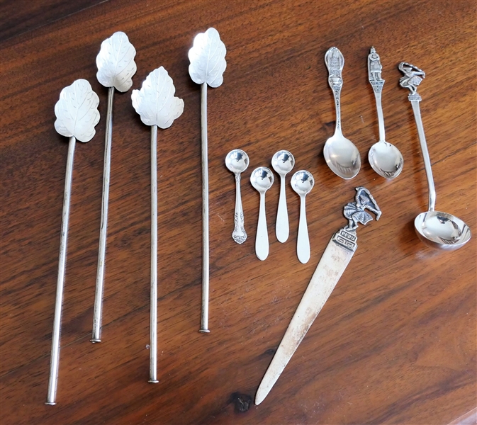 4 Sterling Silver Cocktail Spoon/Straws, Peru Sterling Letter Opener, 3 Souvenir Spoons, and 4 Sterling Salt Spoons