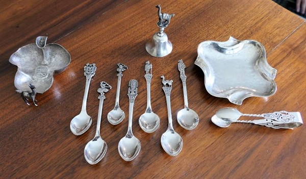 Peru Hammered Sterling Silver Ashtray, Silver Ashtray with Coin and Llama, Hand Engraved Sterling Sugar Tongs, Peru Sterling Bell, and 7 Peru Sterling Coffee Spoons with Peruvian Scenes