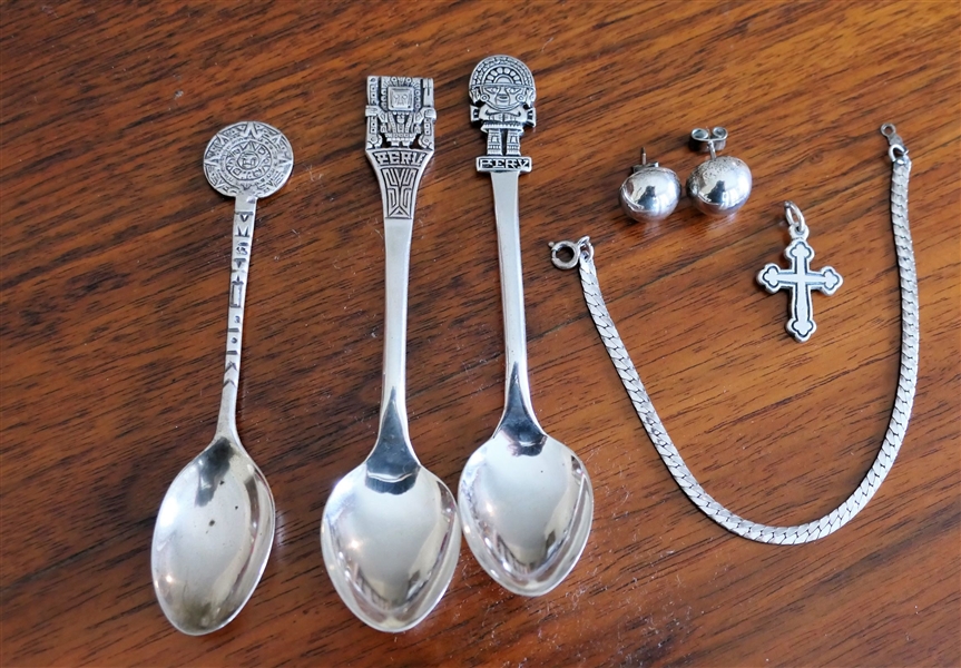 2 Peru Sterling Silver 4" Spoons, Mexico Sterling Silver Spoon, Pair of Sterling Silver Earrings, Sterling Silver Bracelet, and James Avery Sterling Silver Cross Pendant - Measuring 1" Long