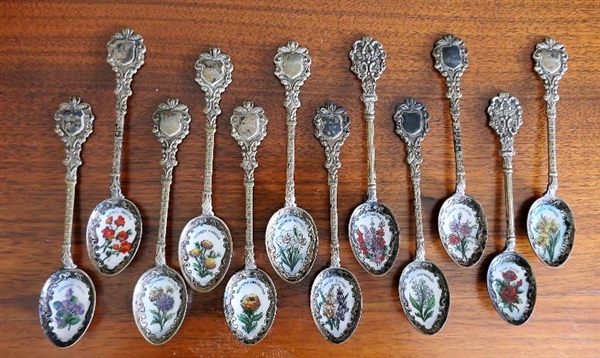 12 Silverplate Enamel Flower of The Month Demitasse Spoons - Each measures 5 1/2"
