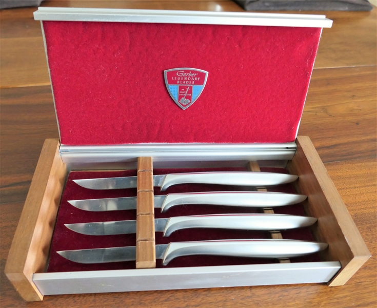 Set of 4 Gerber Legendary Blades Knives in Fitted Wood and Metal Box - Each Knife Measures 8 1/2" Long
