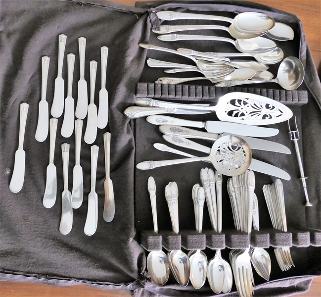 Large Mixed Lot of Silverplate including 12 Holmes and Edwards Butter Knives, 1847 Rogers Bros. Spoons, Forks, Knives, and Shrimp Forks, and Rogers Serving Pieces
