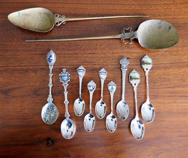 2 Handmade Engraved Brass Spoons - 10 1/2" Long, Rolex Spoon, Holland Spoon, and 7 Souvenir Spoons