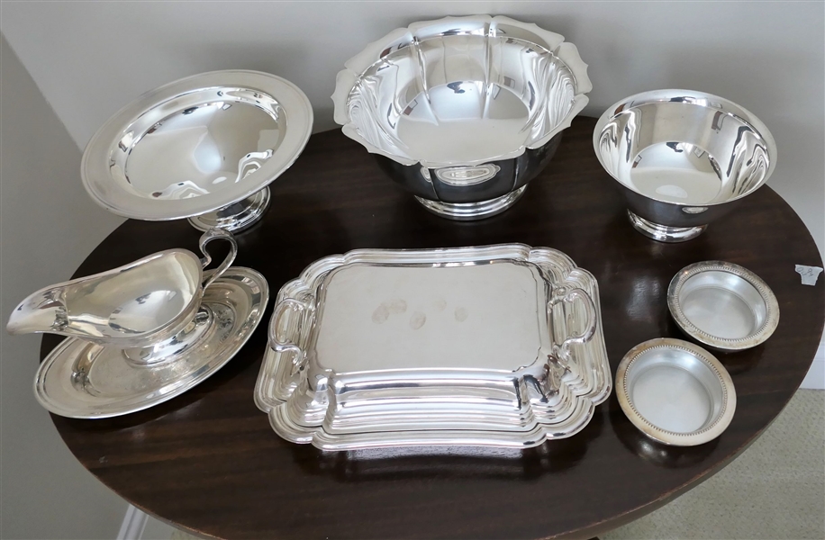 Lot of Nice Clean Silverplate including Gravy Boat, Covered Dish, Footed Bowls, Coasters - Largest Bowl Measures 5 1/2" tall 10 1/4" Across