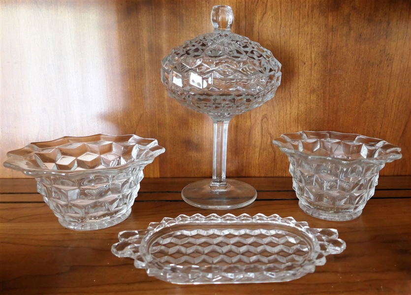 4 Pieces of Early American Fostoria including Covered Compote, Butter Dish, and 2 Bowl, - Compote Measures 9 1/2" Tall 