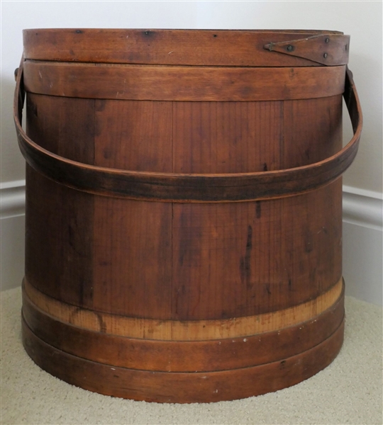 Large Wood Bucket with Lid and Wood Bands - Measures 14 1/2" tall 15" Across