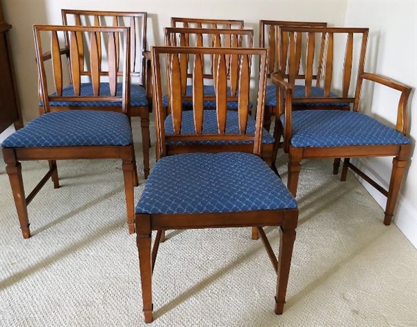 7 Statesville Furniture Co. Dining Chairs - 5 Side Chairs and 2 Captains Chairs with Blue Upholstery