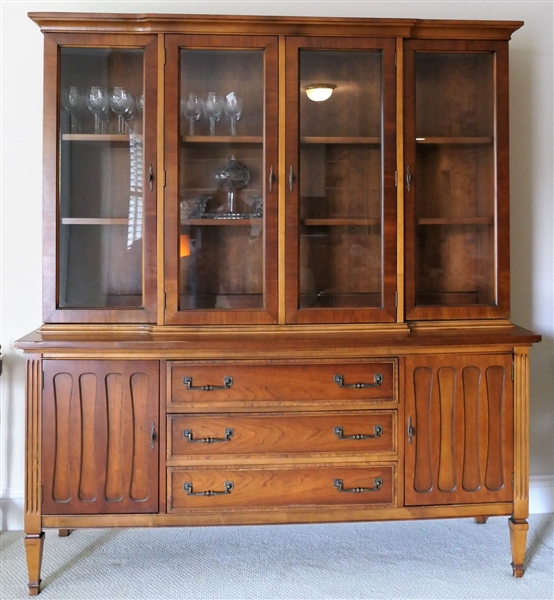 Dixie Furniture Co. Classic Mid Century China Cabinet with 4 Glass Doors - 3 Drawers and 2 Blind Cabinets with Shelves - Wood Display Shelves Have Plate Grooves - Measures 72" tall 64" by 19"