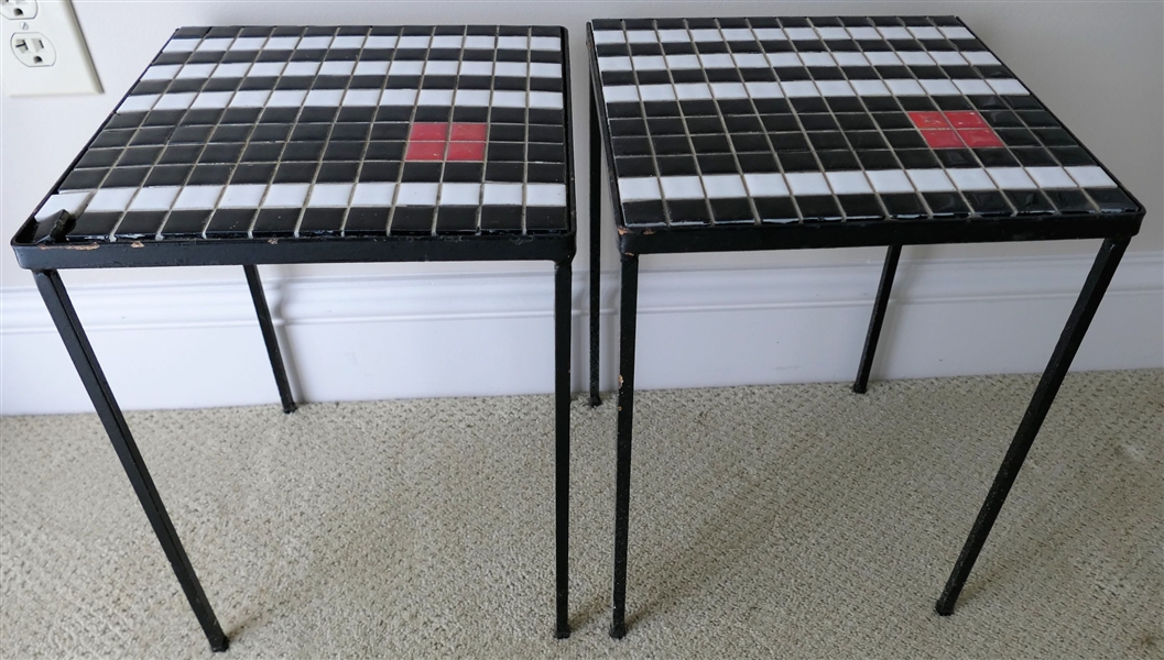 2 Metal Tables with Mosaic Tile Tops - Each Measures 16" tall 12" by 12" - One Has Some Loose Tiles