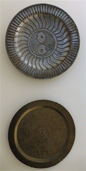 2 Hand Engraved Metal Plates - Mayan Calendar 11 1/4" and Fish 12"